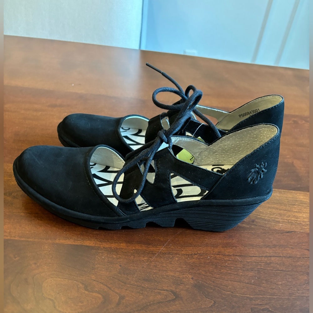 SALE 🔥 Fly London Wedge Suede Leather Black Lace Up Dress Shoes, Poma,Women’s 38 - Picture 15 of 16